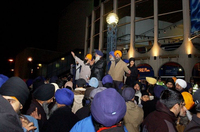 Sikh protesters in front of the Birmingham Repertory Theatre.