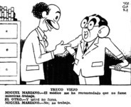 In this political cartoon, President Gómez describes to a friend some recent advice from his doctor urging him not to “smoke while working.” The friend responds: “So then you are not smoking,” to which Gómez replies, “No, I am not working.” This cartoon was published by Bohemia on December 20, 1936.