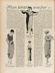 A magazine page with four elegant dance fashions and blocks of text in German. Three women are illustrated solo; a man and woman are illustrated dancing above them on the page.