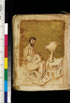 A tan parchment shows a painting of a man reading a document in his lap. A color bar is placed on the left.