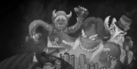 Three monstrous figures loom over a city skyline. The president rides into the scene on his motorcycle.
