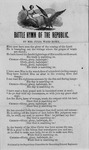 Undated song sheet for the “Battle Hymn of the Republic,” including the lyrics, but not the musical score. Atop the song sheet is a drawing of a seated woman, a reference to the figure “Columbia,” holding a flag and looking at an eagle with wings outspread.