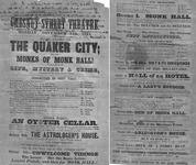 A long playbill for a production of the Quaker City play. The text for different settings and scenes varies from large to small print.