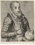 Engraving of Charles V, half-length, with a beard, wearing elaborate armor and a collar of the Order of the Golden Fleece, holding a sword in his right hand, his left hand on a globe.