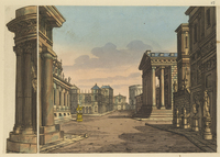 This toy theater backdrop shows the central street leading through the Roman Forum. There are buildings with classical columns receding into the on both sides. The round Temple of Vesta is in the back right.
