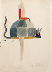 Watercolor sketch featuring one topless woman revue dancer, depicted up to her neck, facing right with her arm in a long red glove held at a ninety-degree angle. Her wide circular patchwork skirt features the head of a mouse at the front and its tail at the back, with drips of black watercolor trailing behind. She stands with legs together, on point. Nothing else fills the page around the sketch other than some faint writing at the bottom right corner.