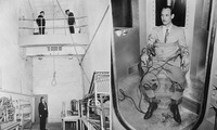 Two images side by side. On the left is a photograph of a noose hanging from the ceiling of a large institutional room with high ceilings. The room has a balcony platform built in, and the noose hangs through an opening in the platform toward the floor below. On the platform, two men in guard uniforms stand. One looks down at the noose. On the main floor, another man in a guard uniform stands, looking up at the noose. Tables and chairs are stacked along the walls of the room. On the right is a photograph that looks into the door of a gas chamber. Within the gas chamber, a man wearing a business suit and shiny black shoes is buckled into a metal chair with large leather straps.