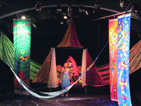 A woman on stage with large silk banners showing mola designs hung vertically on either side of her.
