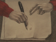 An illustrated close-up of a man writing calligraphy on paper.