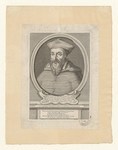 Engraving of the Cardinal de Tournon, bust-length, with a moustache and beard, wearing robes and a cap, in an oval border; below is a banner identifying him and a pedestal inscribed with a verse.