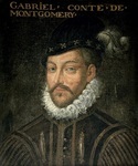 Painting of Gabriel de Lorges, count of Montgomery, bust-length, with a moustache and short beard, wearing a feathered hat, striped clothing, and a ruff; above identifies him.