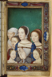 Painting of Queen Claude de France, half-length, hands upturned together; clockwise, she is surrounded by her daughter Madeleine behind her to the right, her daughter Marguerite, her daughter Charlotte, her younger sister Renée, and Eleonore de Habsbourg, the second wife of François Ier, furthest back and to the left.