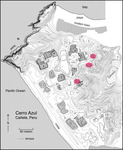 A map of Cerro Azul with three red ovals marked “Q.5”, “Q.5a”, and “Q.6”. The structures are outlined in black and shaded in dark gray, marked A to J. The coast and Pacific Ocean are in the bottom left. The modern town, playa, and bay are at the top right.