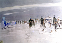 A Spanish ski detachment, company sized, was formed for duty in winter, and carried out an epic march across Lake Ilmen in early 1942 (watercolor, Mario Treviño, 1989). Spanish Army Museum, Madrid.