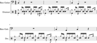 Example 7. Bass guitar and drumset. The drum part has crosses in the notation.
