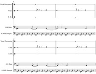Fig. 4. Sheet music of “A Milli” by Lil Wayne for drumset, bass, and a sample, measures one through eight.