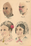 Drawing of four different characters showing skin color variations, wrinkles, skin defects, and blushed cheeks