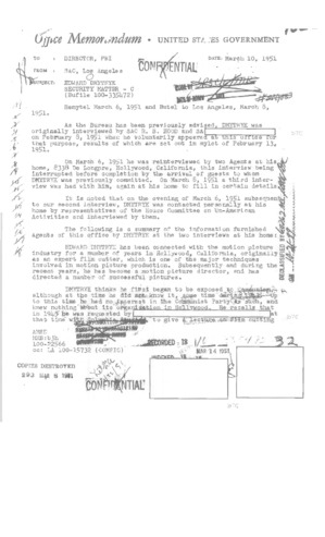 Thumbnail of "Dmytryk FBI File, March 10, 1951"
