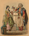 A Turkish couple, wearing splendid and colorful traditional clothing, plays with their pet bird. The man is dressed in satiny salvar, red boots, red embroidered shirt, and short blue vest. He wears two scabbards for his daggers and a white and blue turban. The woman is dressed in a shimmery green and gold gown with a pink underskirt. She wears a large amount of sparkling jewelry at her throat and in her long black hair. She laughs at a colorful bird flying before her.