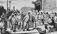 Black and white print of a crowd gathered on a city street. Two men are having a discussion while others look on.