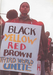 A photograph by Yoshida Ruiko of a third world unity rally held in Harlem in December, 1970. The multicolored third world solidarity championed at the rally speaks to the long 1970s desire for Afro-Japanese hybridity. © Ruiko Yoshida.