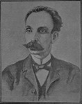 A bust-length drawing of a thin, white man with black hair and moustache, a narrow face, and arched eyebrows. He wears a jacket and bow tie. The original caption reads: “Fig. 106 —Tipo cerebral (José Martí, mártir de la libertad, orador y poeta)”; [Cerebral type (José Martí, martyr of liberty, orator and poet)].