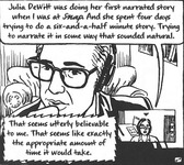 Cartoon of Jessica Abel and Ira Glass discussing challenges of speaking naturally on radio and taking four days to make a six-­and-­a-­half-­minute story sound natural.
