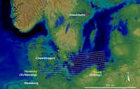 Study region in the Baltic, showing the area of Wulfstan's voyage (see text). Locations of wind and current data collected during the 2004 voyage of the Ottar and used in GIS modelling experiments are shown as yellow grid. The grid is used for generating a least cost path (LCP) between the beginning and endpoint. Each dot on the grid contains data on wind speed (raster) and direction (vector). The dots are 10 Nmi (18 km) apart. The grid lies between 54º and 56º north and 10º and 20º east.