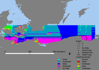 Backlink least cost path analysis grid generated by the ArcView 3.1 least cost path routine. White line traces the least cost path from Schlei Fjord to Gdańsk.