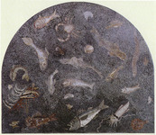 Fig. 68. A Roman mosaic floor has realistic depictions of a variety of fish, shellfish, squid, and a shipwreck, on a blue sea background.