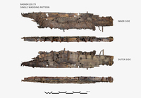 Ship timber. Sewing holes with cordage and wadding preserved. Scarf joint. Cracks along the holes line. 64 x 12 x 3cm.