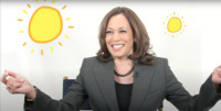 Kamala Harris snaps her fingers and smiles against a backdrop of two hand-­drawn suns.