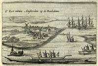 In one of the earliest views of New York, this woodcut by Kryn Frederycks, titled T’ Fort Nieuw Amsterdam op de Manhatans, depicts native dugouts amidst European sailing vessels, ca. 1626.