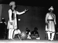 Musical ensemble from Amar siṁh rāṭhor. Musical instruments (left to right): nagāṛā, sāraṅgī, ḍholak. By permission of the Sangeet Natak Akademi.