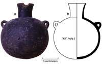 A photo on the left of a black jar with two handles and a kill hole in the center. A drawing of the same jar on the right.