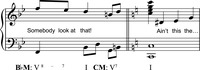 A music example representing a single modulation in “What a Game” from B♭ major to C major.