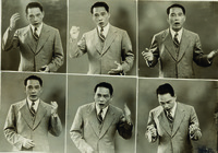 These are six consecutive black-­and-­white photos showing Wang Jingwei’s poses, changing expressions, and moving hand gestures during a speech. The photos are not entirely identical in size, arranged in two rows and separated by a diagonal line. This dynamic arrangement accentuates the vitality of his speech. Wang is shown wearing a light gray linen suit and a matching tie with dark diagonal stripes. His pitch-­black hair is combed back, revealing a broad forehead, and his hands are alternately extended or clenched. His facial expression is intense and impassioned, his eyes directed straight at the viewer.
