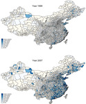 Figure 4 includes two parts, figure 4a and figure 4b. These two figures compare the spatial distribution of FDI flowing into Chinese counties between 1999 and 2007. In these two figures the lighter the shade, the fewer the FDI inflows in the specific location. Figure 4 shows three patterns. First, both figure 4a and figure 4b show a majority of FDI are distributed in the eastern part of China, particularly around the Shandong Peninsula, the Yangtze River Delta, and the Pearl River Delta. Second, figure 4b shows that the density level of FDI inflows in the eastern part of China in 2007 is much higher than that in 1999. Third, in comparison to the distribution in 1999, FDI in 2007 is more dispersed and has diffused from the coastal provinces (where it was initially concentrated) to the interior parts of China.