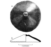 Two views of a vessel lid made from a gourd: A photo taken from an overhead angle, and a profile drawing.