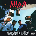 The second of two album covers placed one after the other: one for World Class Wreckin’ Cru, Rapped in Romance (1986), which shows its four group members wearing luxurious, sequined outfits in a formal indoor setting, and the other the aggressive cover of N.W.A., Straight Outta Compton (1988), which shows six men in street wear, staring down at the viewer, with one pointing a hand gun.