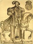 Woodcut print of Henry VIII, King of England, full-length, on horseback, wearing an elaborately decorated cloak and a feathered hat; in the top right corner is the royal coat of arms.