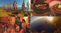 Compilation of four images. From top left to bottom right, clockwise: (1) a group of young people in swimming suits walking down a beach, (2) a ceramic bowl and plate filled with food, (3) a person in the air having jumped from a cliff into the sea, and (4) a large group of people sitting at a long table and sharing a meal.