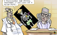 In a political cartoon, a doctor holds up an x-­ray to a leader sitting at a desk. The x-­ray shows a skeleton in vacation wear with a drink with a lemon and straw by its side. The doctor says, “I photoshopped your medical radiograph. It now looks like a holiday photo.”