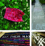 A collage of four colorful images. The first image is of a sidewalk, in Ann Arbor, with the slogan, “In this house we believe black lives matter” and the word “love,” all written on it as a form of chalk art. The second image is of an African-print bandana abandoned in clover-filled grass field in Ann Arbor. The third image shows a crossroads in a neighborhood in Khartoum, Sudan, with the slogan “hashtag: we will cement the revolution,” painted on it as a form of street graffiti art. The last image is graffiti street art in Ann arbor with the slogan “Say Their Names,” painted on a sidewalk.