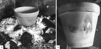 Fig. 78. On the left is a modern flowerpot whose lower half is surrounded by burning charcoal. On the right is a photo of the same pot no longer in charcoal. It has visible black soot on its wall above where it sat in the charcoal.