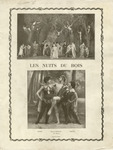 A theater program page from the Folies-Bergère in Paris, with two images taking place in a forest setting, with wood nymphs and semi-nude women in trees. One image at the top of the page features a stage scene with seventeen performers standing or kneeling on the ground, often paired off, and seven coming out of the trees above them. Separated by “Les Nuits Du Bois,” the other photo at the bottom of the page has three dancers: two women around one man who has one leg bent at a ninety-degree angle. He wears only a sash around his hips and down his chest while the women wear bodysuits and capes.