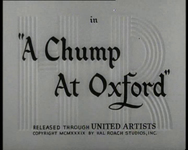 Title screen for "A Chump at Oxford" in black English calligraphic type with production and copyright credits at the bottom of the screen. The text is superimposed over a gray image of embossed letters "HR" to signify "Hal Roach Studios, Inc."