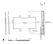 13 Sketch plan showing the possible relationship of footings in Sector VI.2 to walls entering the garden from the east side of the portico (K. Gleason).