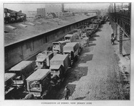 A long line of trucks lined up to cross the Hudson River from New Jersey to New York.