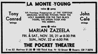 Newspaper clipping, in black and white, announcing a series of performances by Young, Cale, Zazeela, and Conrad at the Pocket Theatre, 100 Third Avenue, 20–­22 November 1964.